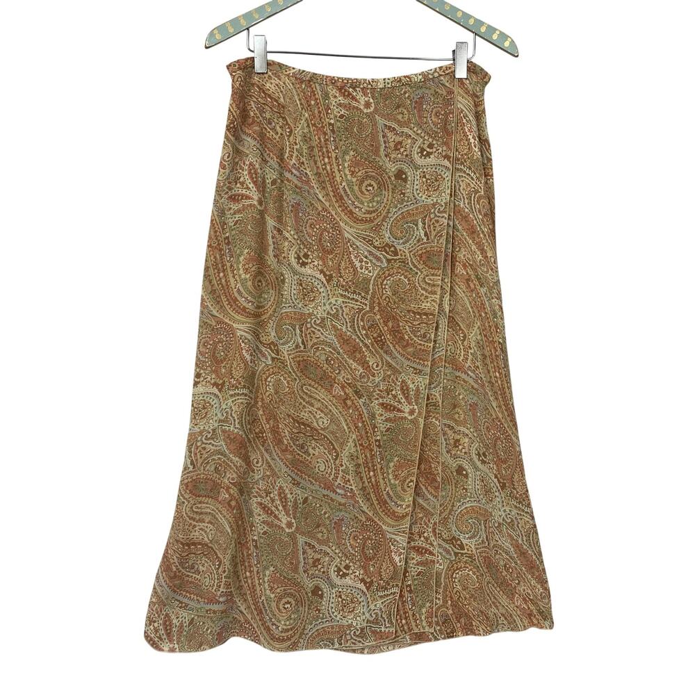 Vintage Talbots Silk Skirt 12P Brown Paisley Long Faux Wrap Cottagecore Romantic